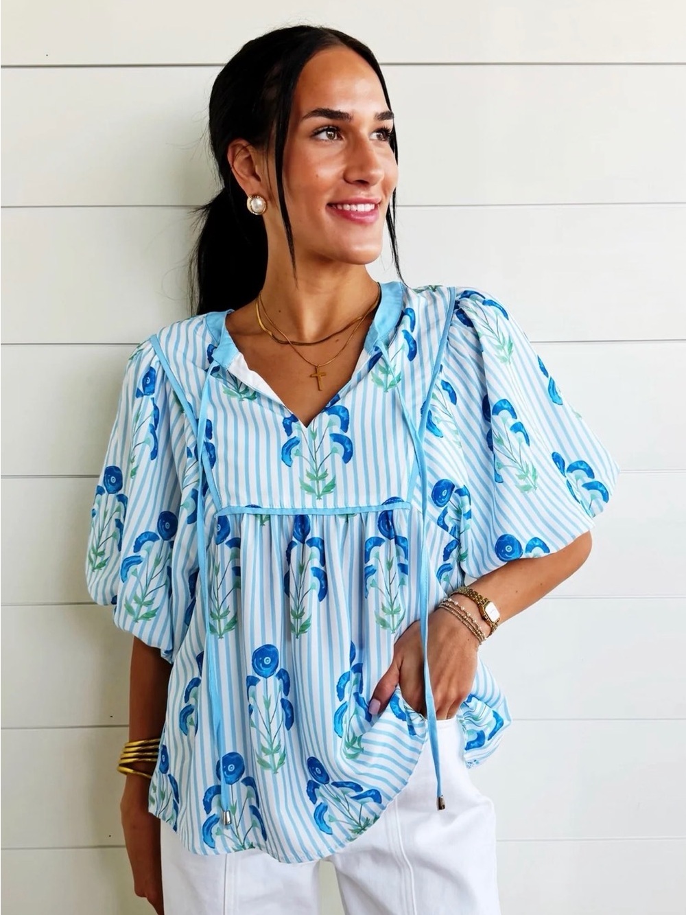 Blue Floral Stripe Puff-Sleeve Women’s Top